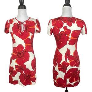 Nikki Poulos | Red Floral Soft Ponte Knit Tie Neck Mini Dress